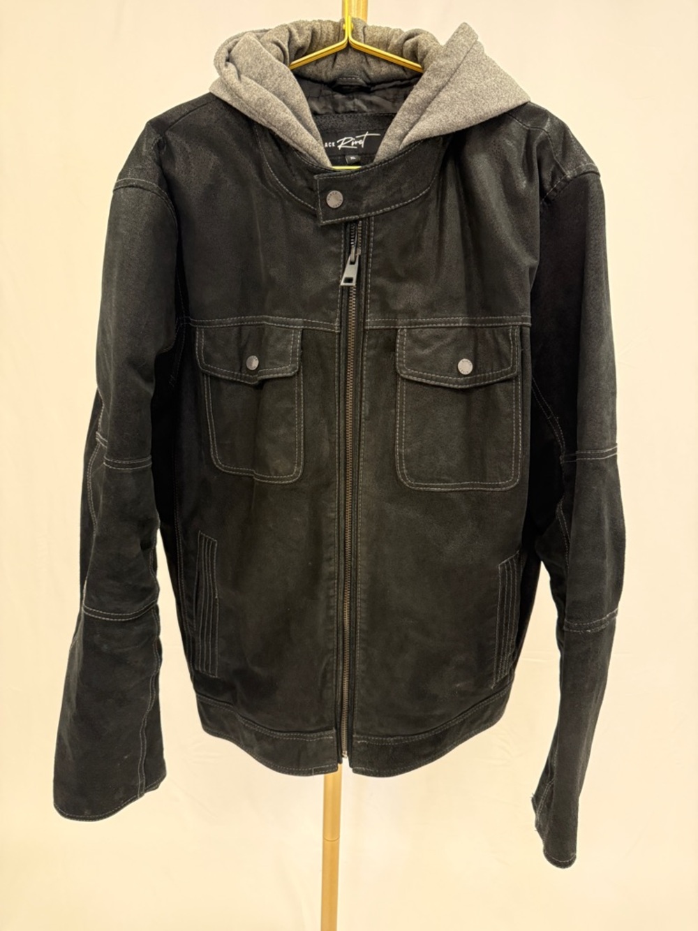 Black Rivet Black‎ Jacket with Gray Hooded Liner 100% Leather Shell